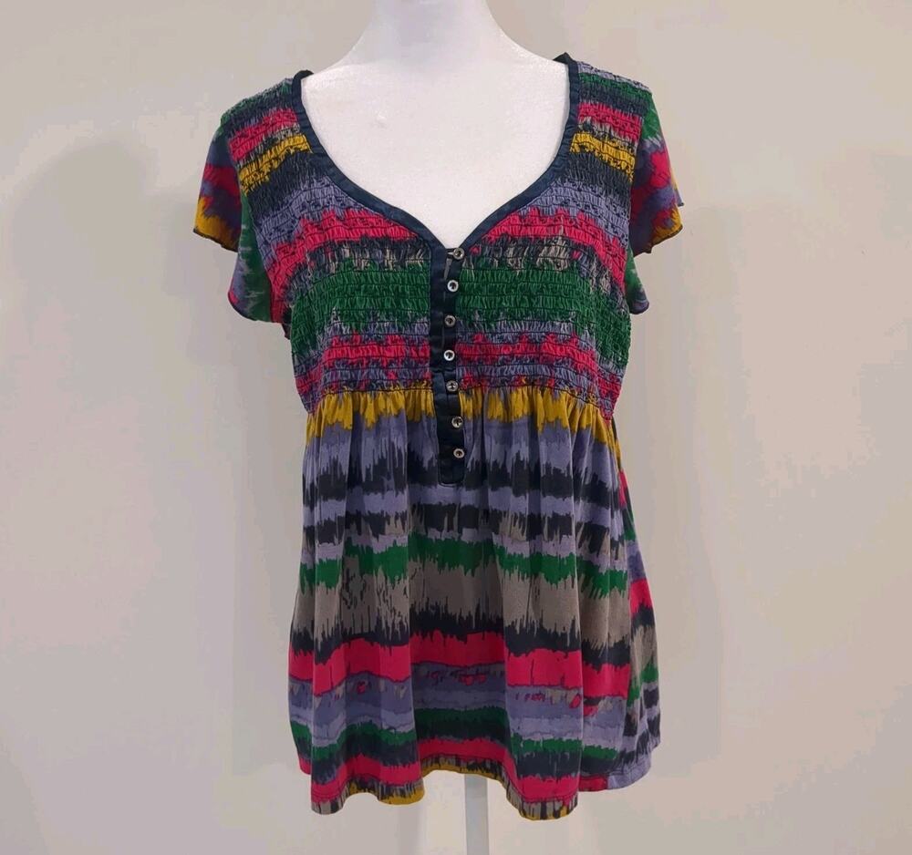 DKNY Womens XL Top Flutter Sleeve Y2K Babydoll Button Boho Colorful Shirt